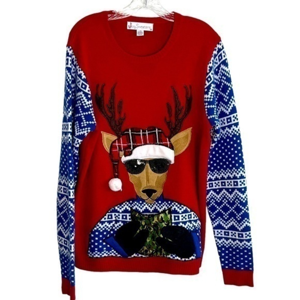 Joy Sweaters Reindeer Christmas Sweater with Camo Beer Holder.